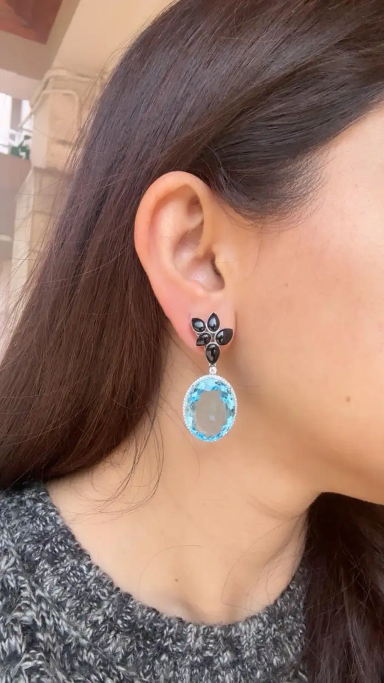 52.67 Ct. Blue Topaz & Black Onyx Gemstone Dangle Earrings - 18k White Gold Diamond Earrings
