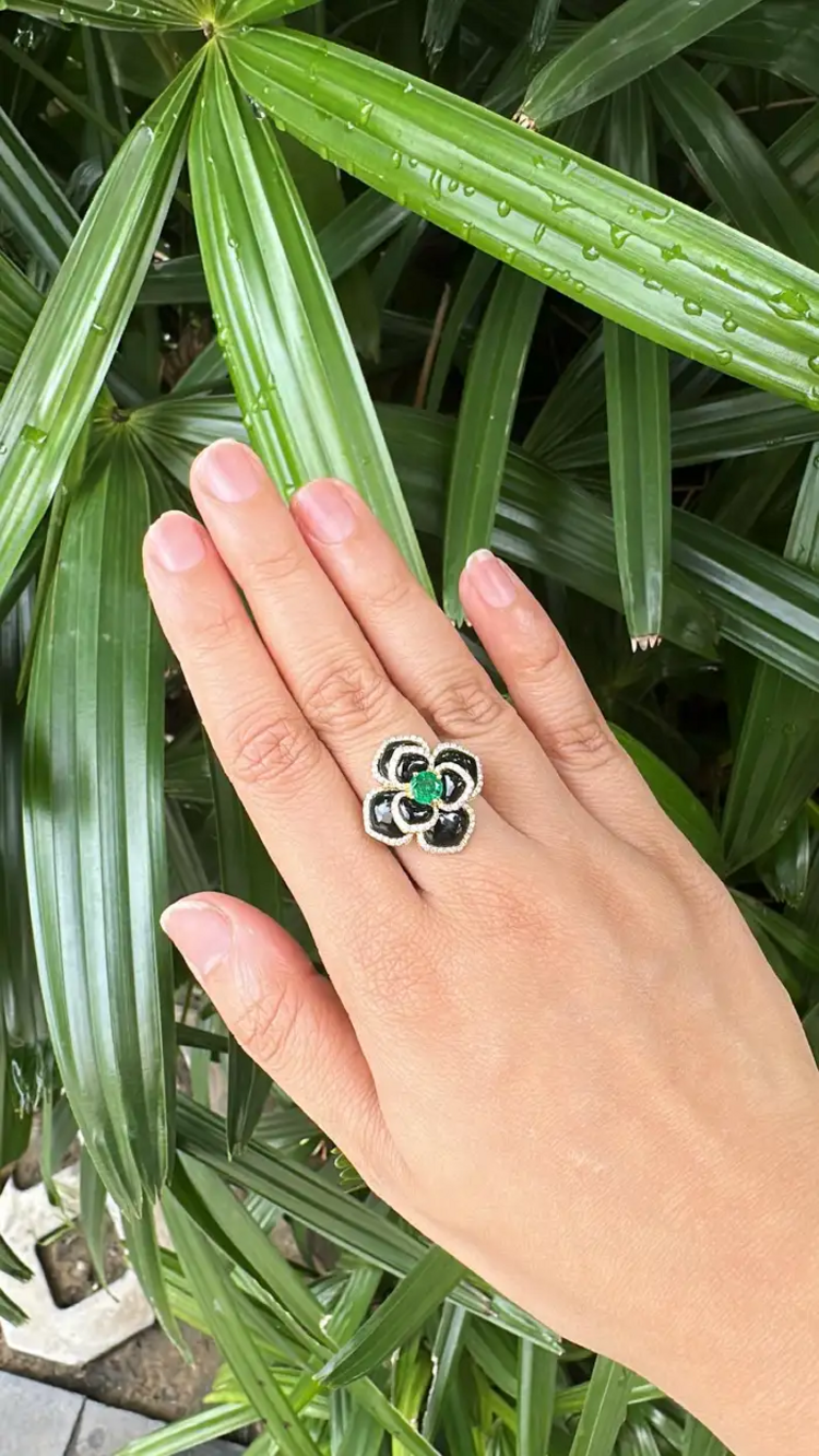 18k Yellow Gold Diamond Cocktail Ring - Natural Zambian Emerald Floral Ring