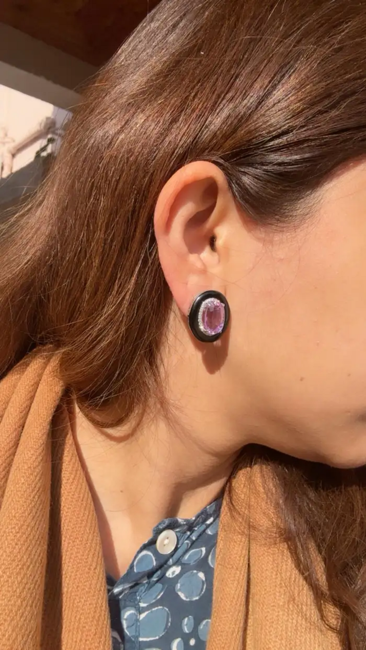 Natural Kunzite & Black Onyx Stud Earrings - 18k White Gold Diamond Handmade Earrings