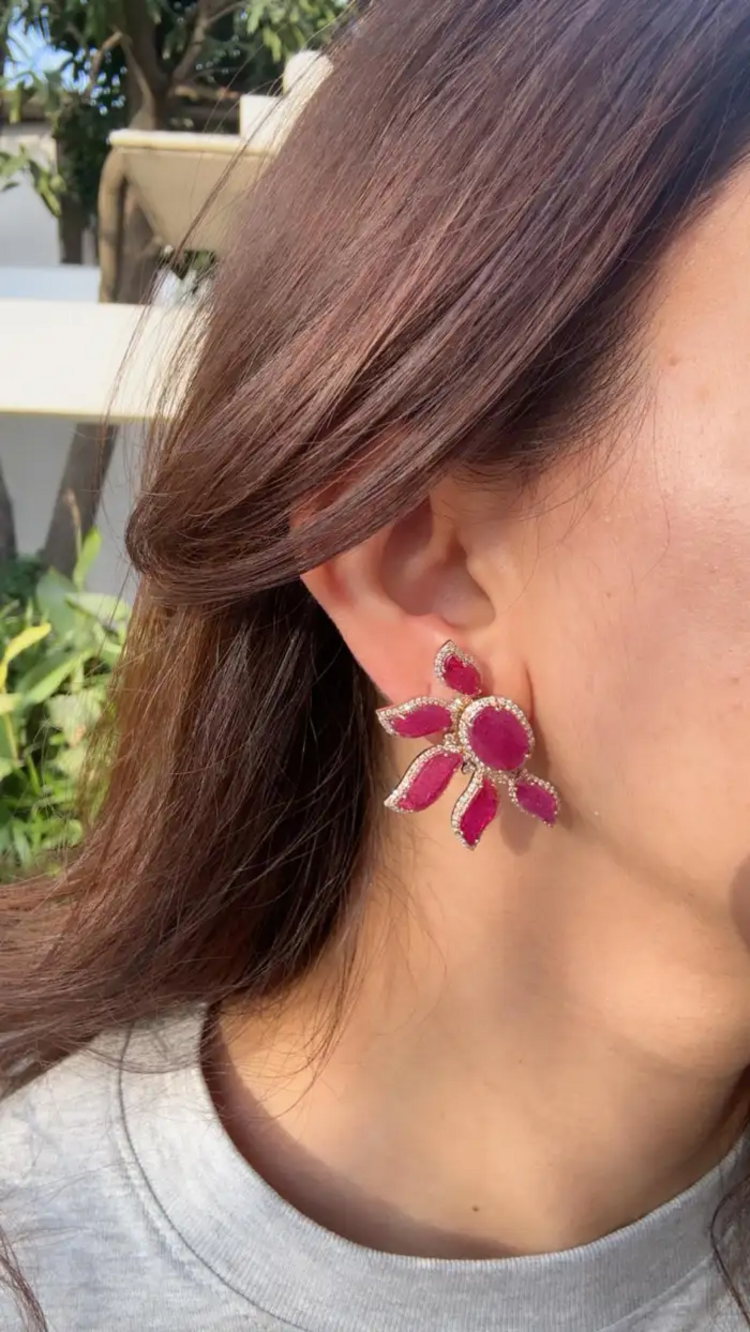 18k Rose Gold Diamond Earrings - Natural Mozambique Ruby Handmade Stud Earrings