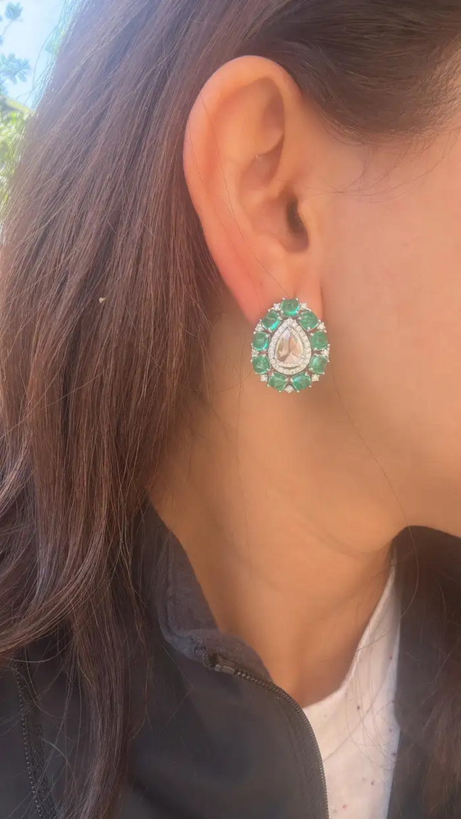 Colombian Emerald Sugarloaf & Rose Cut Diamond Stud Earrings - 18k White Gold Handmade Tiny Earrings Main Image