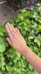18k White Gold Diamond Ring - Natural Mozambique Ruby & Mother of Pearl Cocktail Ring