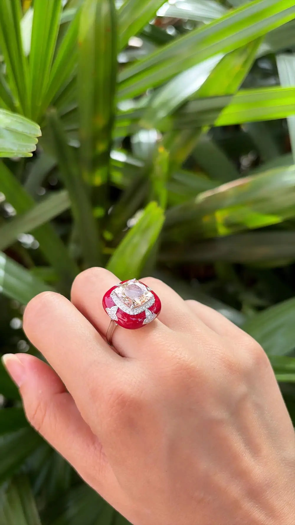 18k White Gold Diamond Cocktail Ring - Natural Morganite & Red Enamel Anniversary Ring