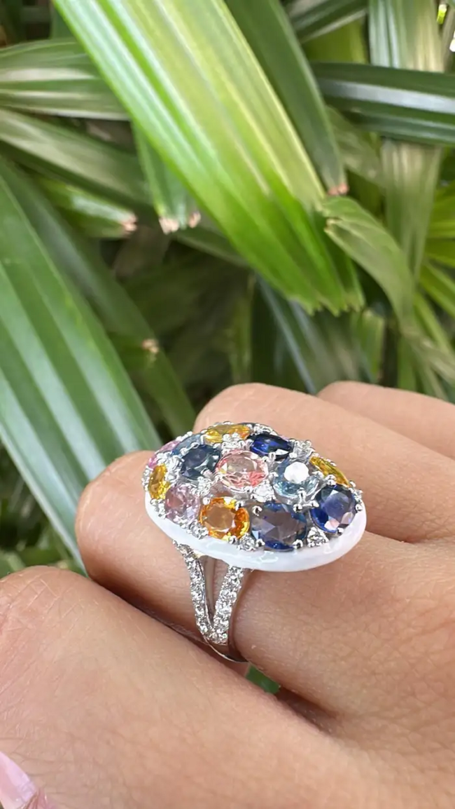 Natural Multi Sapphire & White Enamel Cocktail Ring - 18k White Gold Diamond Ring Main Image