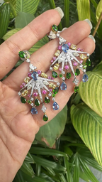 18k White Gold Diamond Chandelier Earring - Natural Multi Sapphire Dangle Earrings