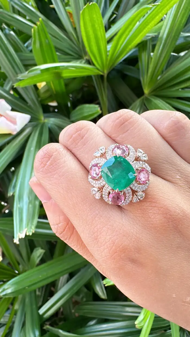 Natural Zambian Emerald & Ceylon Pink Sapphire Ring - 18k Rose Gold Diamond Wedding Ring Main Image