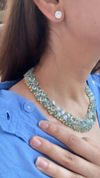 Natural Aquamarine & Zambian Emerald Necklace - 18k White Gold & Yellow Diamond Necklace
