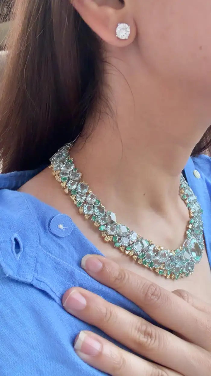 Natural Aquamarine & Zambian Emerald Necklace - 18k White Gold & Yellow Diamond Necklace