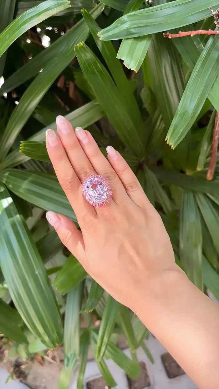 26.87 Ct. Kunzite & Pink Sapphire Cocktail Ring - 18k Rose Gold Diamond Wedding Ring