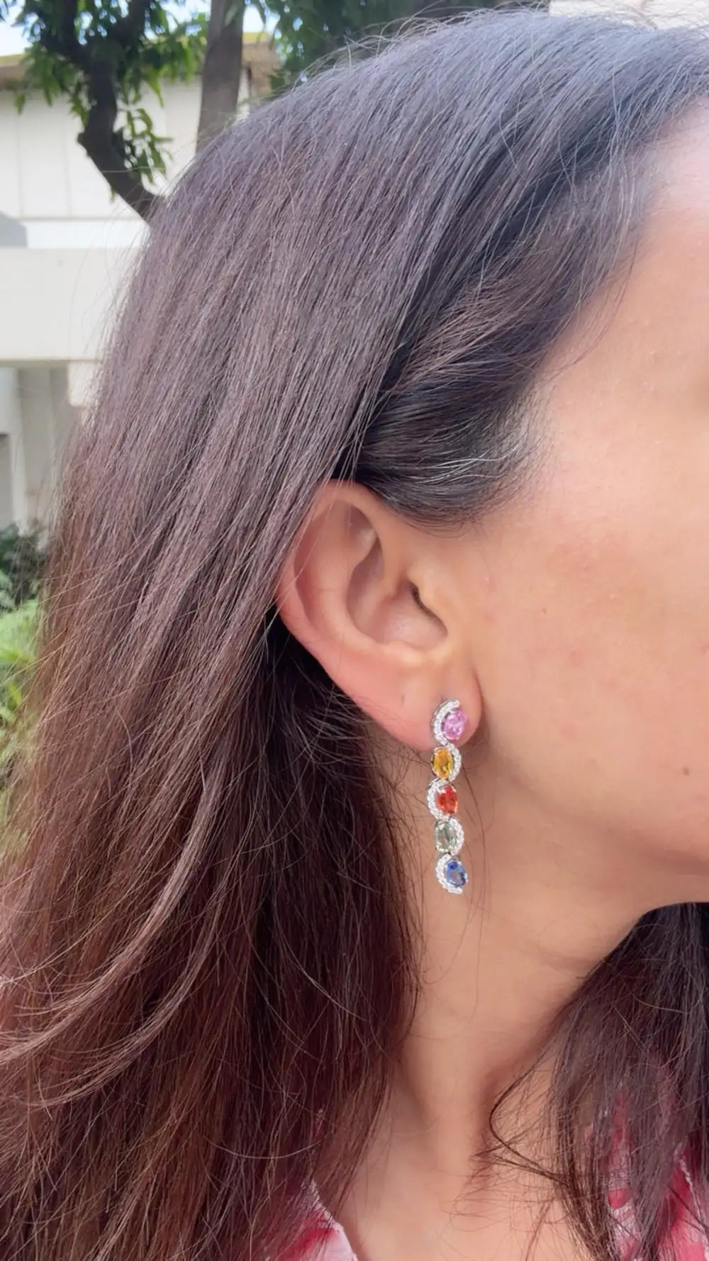 Natural Multi Sapphire Gemstone Dangle Earrings - 18k White Gold Diamond Earrings