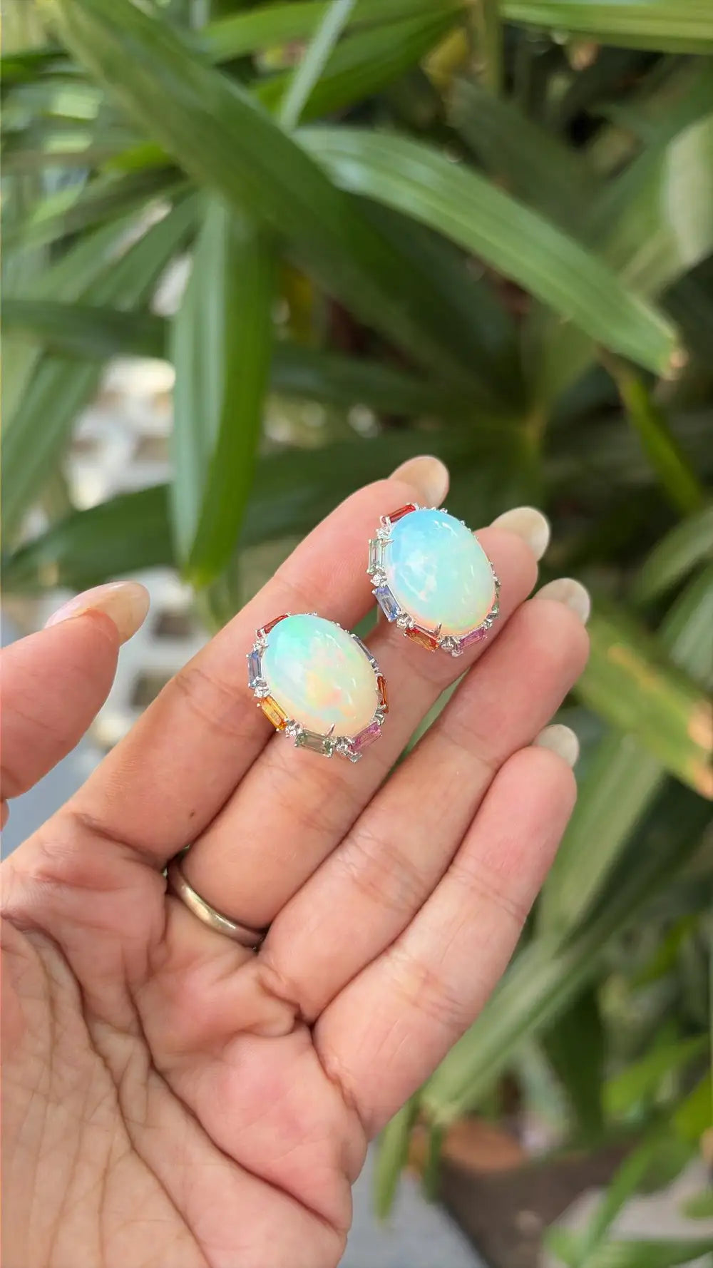 Ethiopian Opal & Multi Sapphire Stud Earrings - 18k White Gold Diamond Stud Earrings