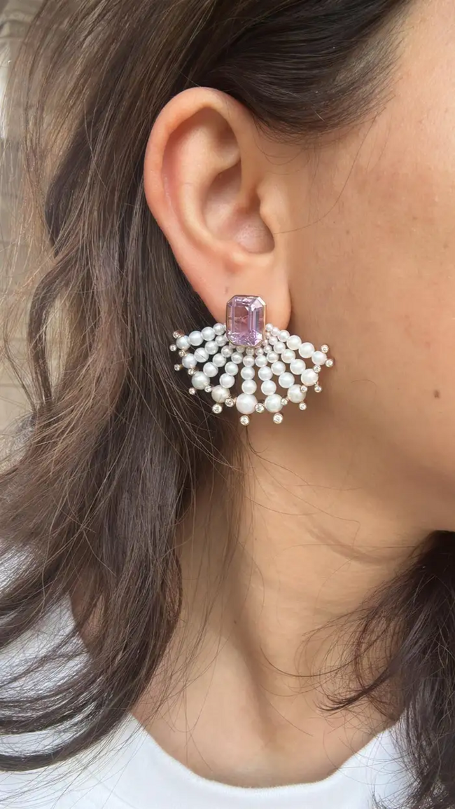 18k Rose Gold Handmade Diamond Stud Earrings - Natural Kunzite & Freshwater Pearls Designer Stud Earrings Main Image