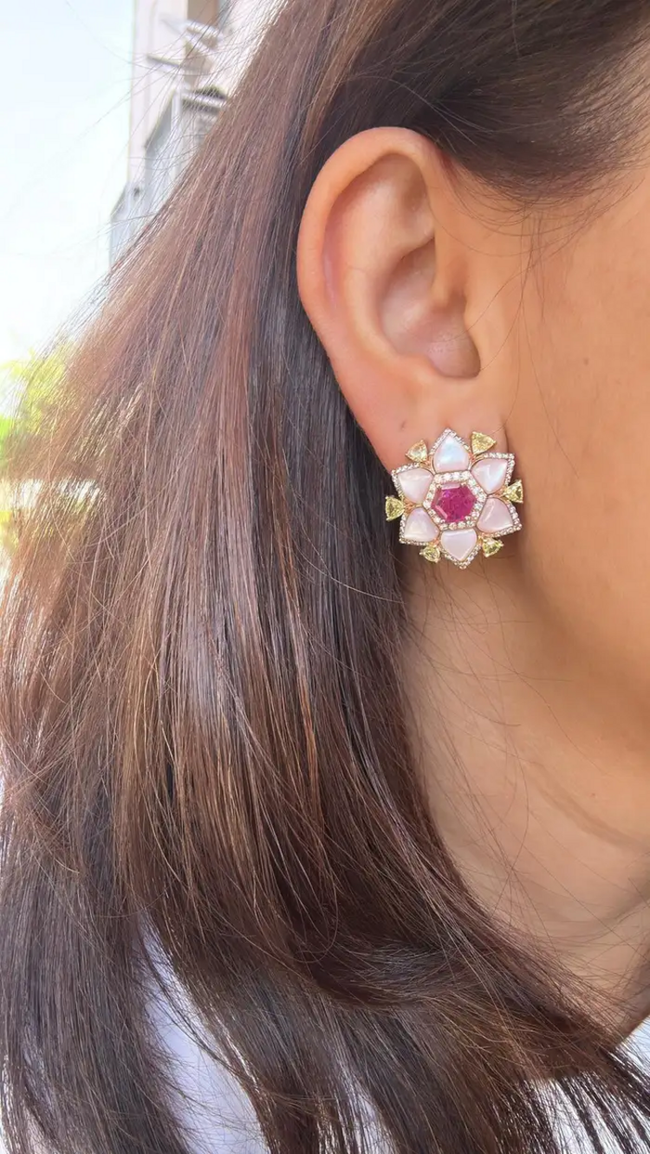 Natural Mozambique Ruby & Pearl Stud Earrings - 18k Rose Gold Yellow Diamond Earrings Main Image