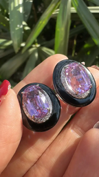 Natural Kunzite & Black Onyx Stud Earrings - 18k White Gold Diamond Handmade Earrings