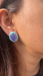 Hand Carved Tanzanite & Turquoise Enamel Stud Earrings - 18k White Gold Diamond Earrings