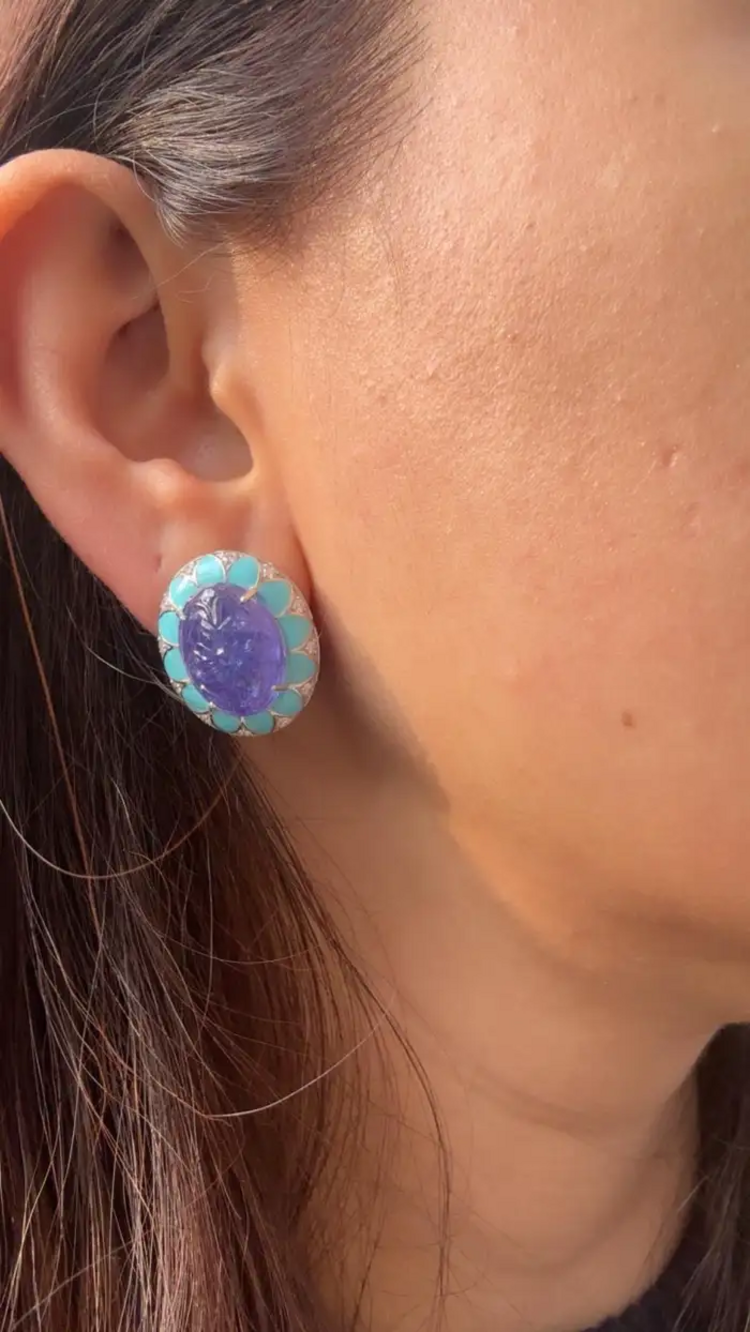 Hand Carved Tanzanite & Turquoise Enamel Stud Earrings - 18k White Gold Diamond Earrings