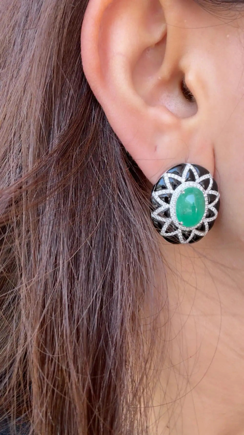 18k White Gold Diamond Stud Earrings - Natural Colombian Emerald & Black Onyx Stud Earrings