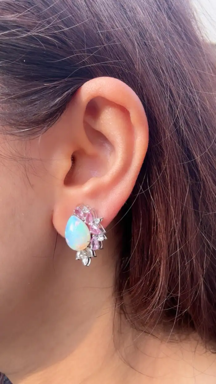 18k White Gold Diamond Stud Earrings - Natural Ethiopian Opal & Pink Sapphire Earrings