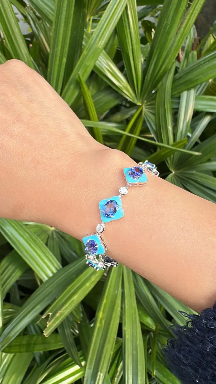 Natural Tanzanite & Turquoise Enamel Bracelet - 18k White Gold Diamond Bracelet