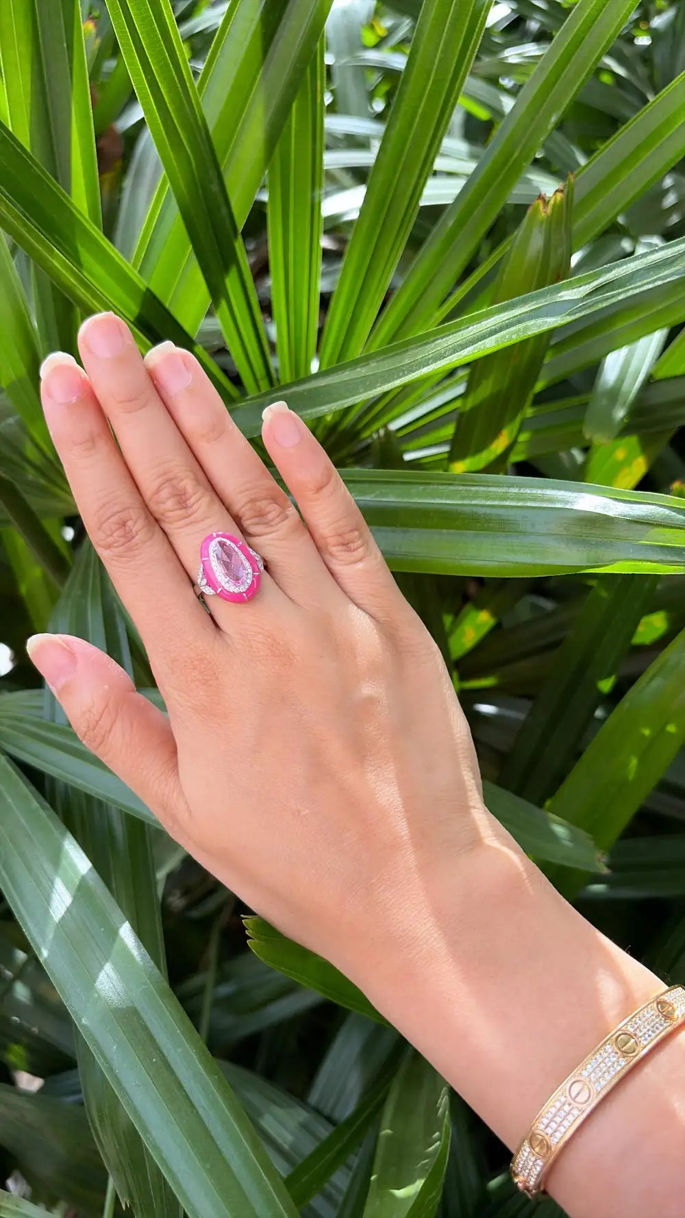 1.94 Ct. Pink Sapphire & Pink Enamel Ring - 18k White Gold Diamond Ring