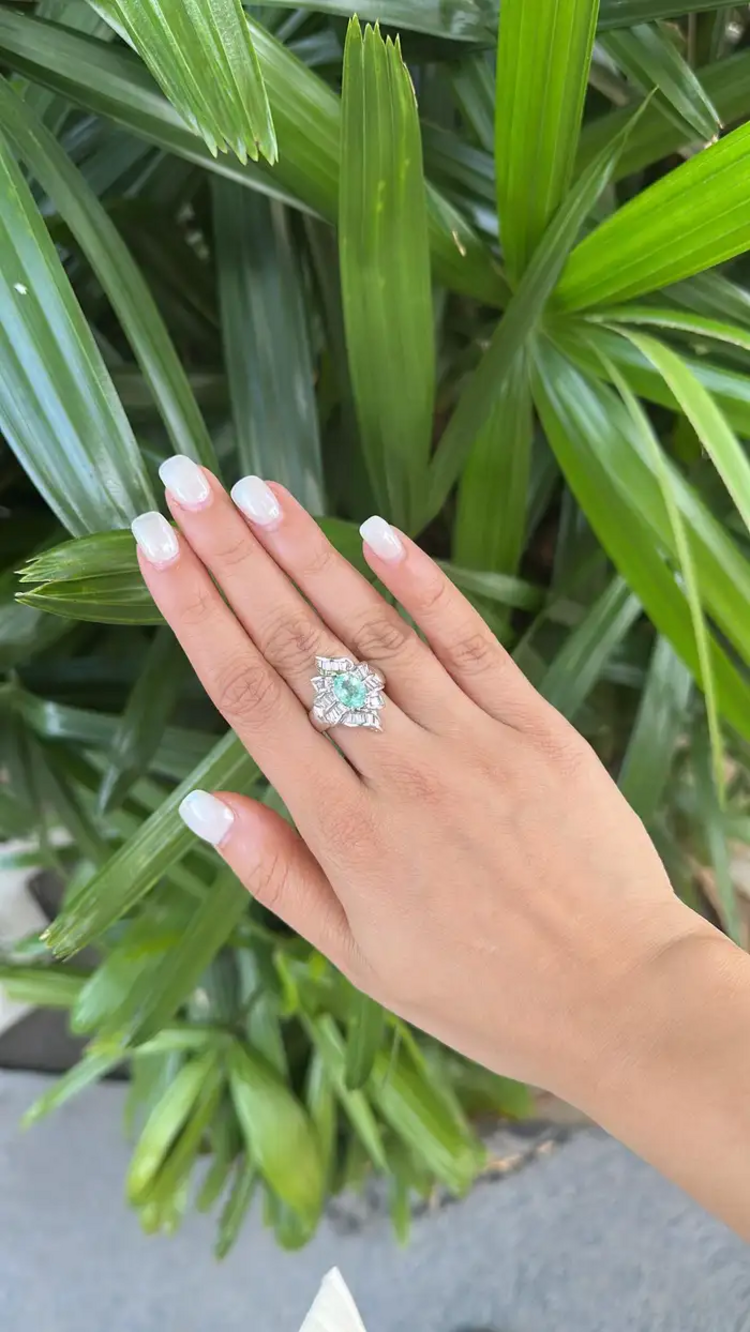Platinum 900 Diamond Ring - Natural Paraiba Tourmaline Wedding Ring