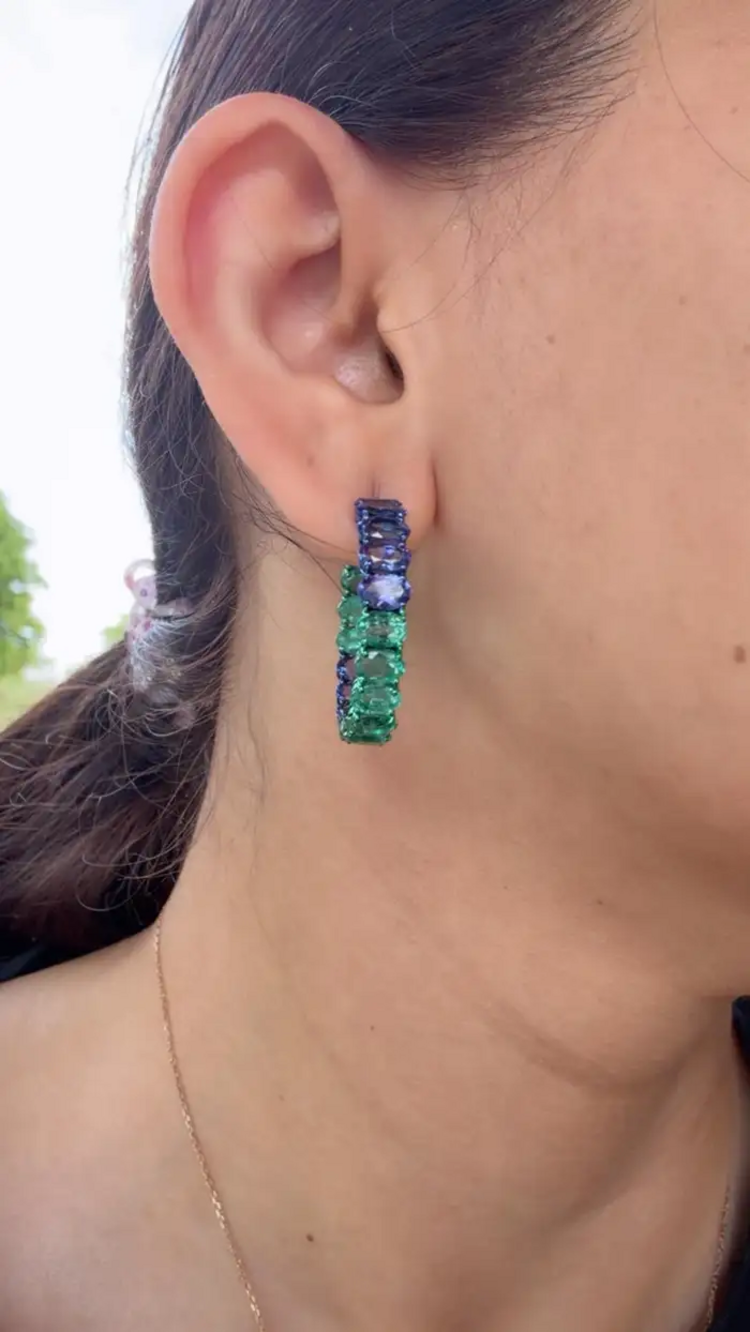 Natural Emerald & Tanzanite Gemstone Hoop Earrings - 18k Gold Hoop Earrings