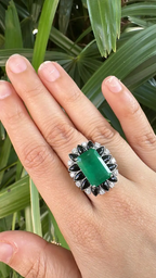 8.25 Ct. Zambian Emerald & Black Onyx Statement Ring - 18k White Gold Diamond Ring
