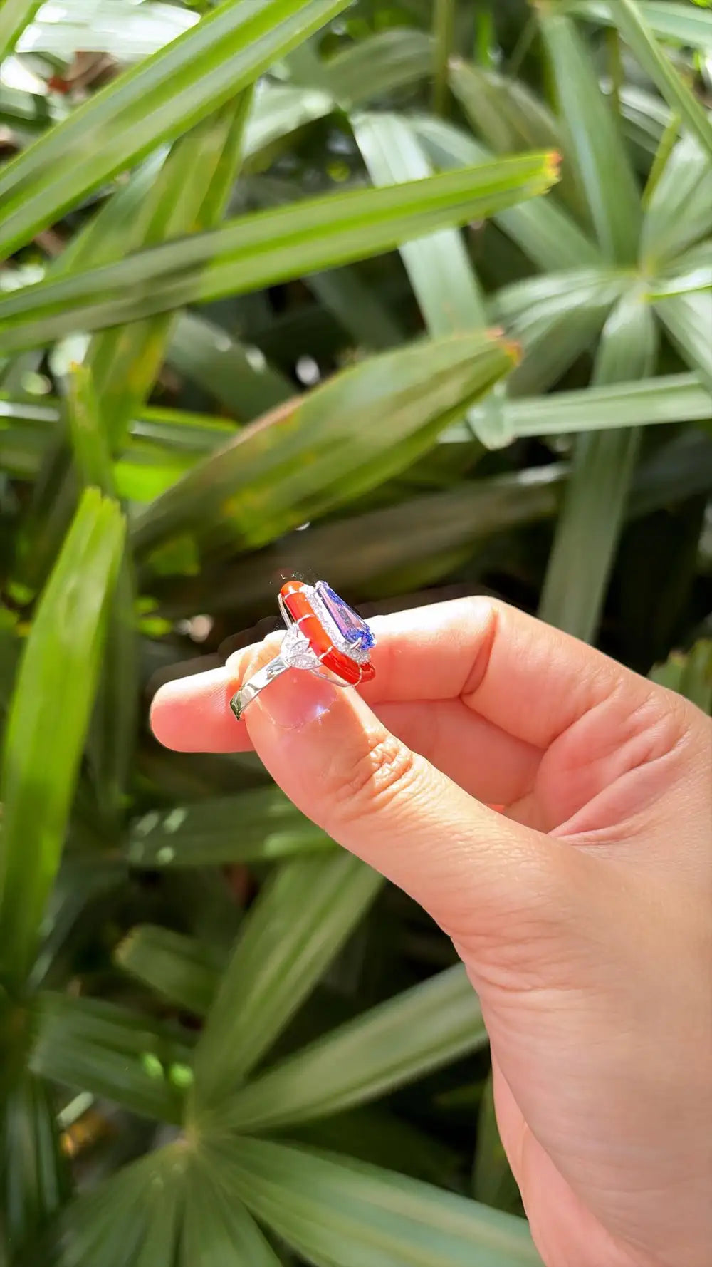 18k White Gold Diamond Ring - Natural Tanzanite & Orange Enamel Cocktail Ring