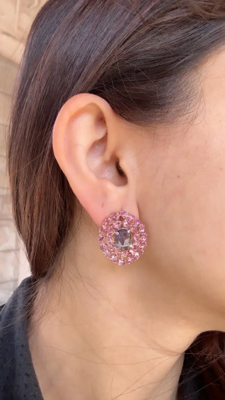 18k Rose Gold Stud Earrings - Natural Pink & Blue Sapphire Gemstone Stud Earrings