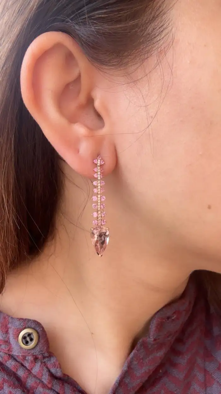 18k Rose Gold Diamond Dangle Earrings - Natural Morganite & Pink Sapphire Earrings