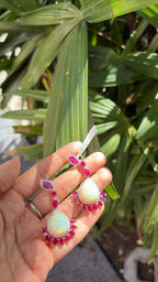 18k White Gold Diamond Earrings - Natural Ethiopian Opal & Mozambique Ruby Dangle Earrings