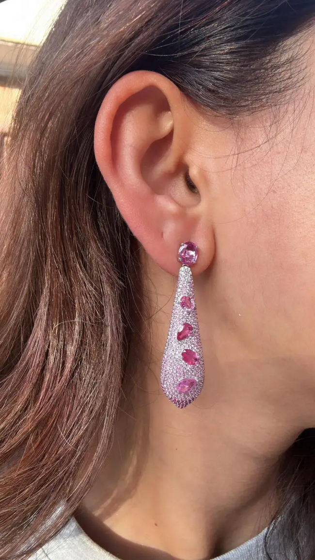18k White Gold Diamond Dangle Earrings - Natural Pink Sapphire Gemstone Earrings Main Image