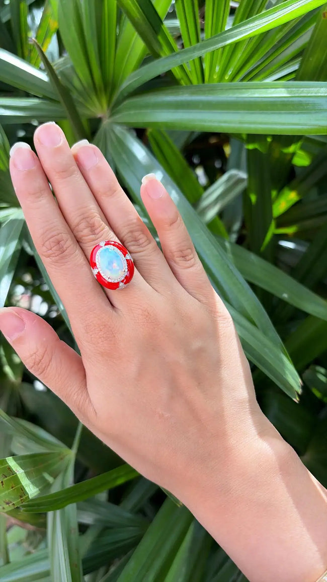 Natural Ethiopian Opal & Red Enamel Ring - 18k White Gold Diamond Cocktail Ring Main Image
