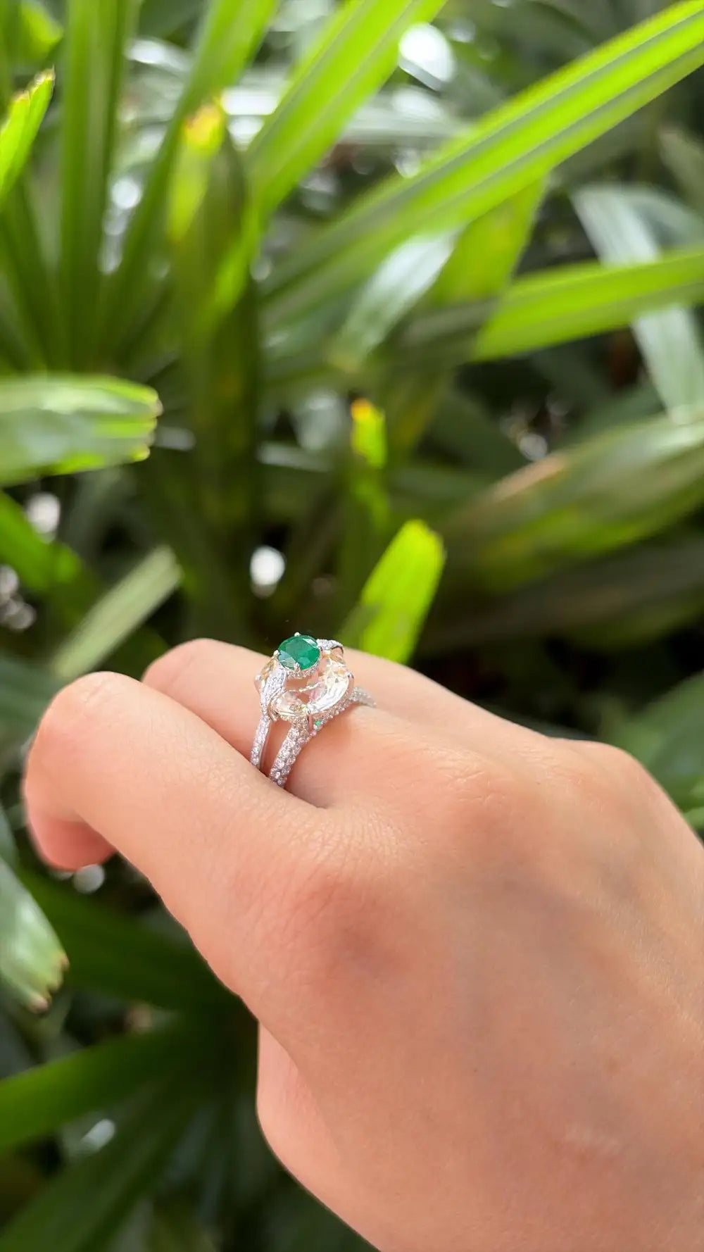 Natural Morganite & Zambian Emerald Gemstone Ring - 18k White Gold Diamond Ring