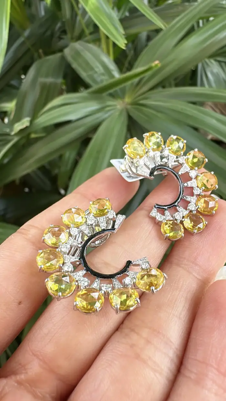 Natural Yellow Sapphire & Black Enamel Earrings - 18k White Gold Diamond Stud Earrings
