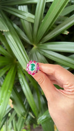 18k White Gold Diamond Handmade Ring - Natural Emerald & Ruby Gemstone Cocktail Ring