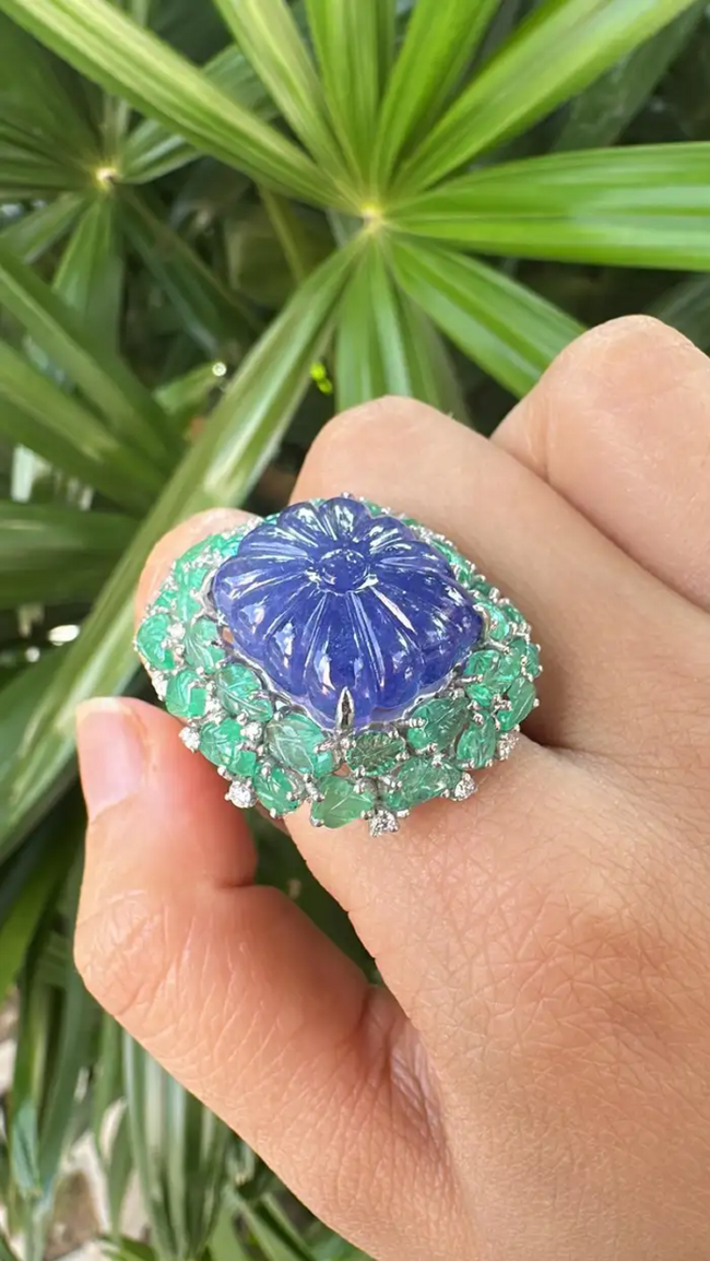 18k White Gold Diamond Statement Ring - Natural Tanzanite & Zambian Emerald Cocktail Ring Main Image