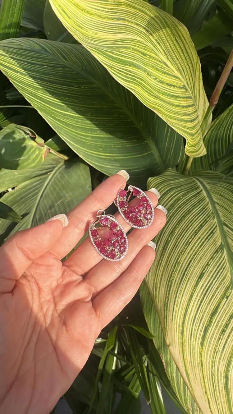 Carved Mozambique Ruby Hoop Earrings - 18k Rose Gold Diamond Earrings