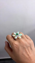 Ethiopian Opal & Zambian Emerald Floral Ring - 18k White Gold Diamond Ring