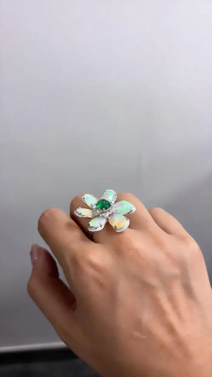 Ethiopian Opal & Zambian Emerald Floral Ring - 18k White Gold Diamond Ring