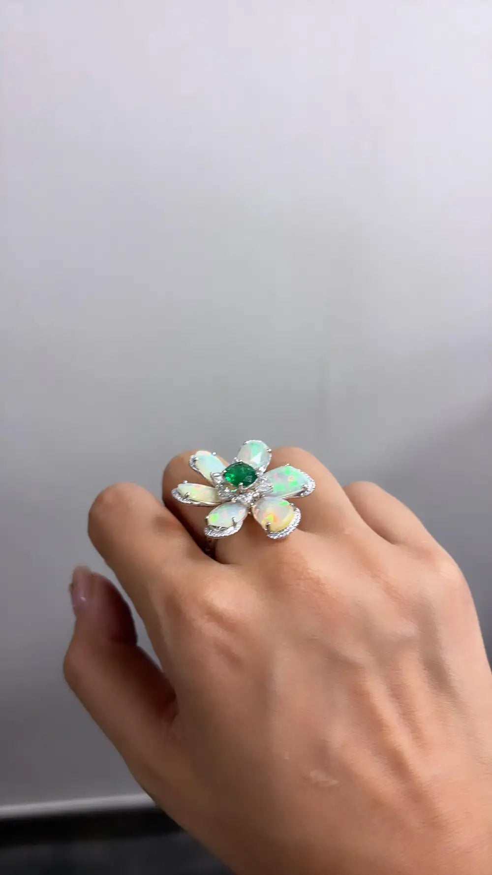 Ethiopian Opal & Zambian Emerald Gemstone Cocktail Ring - 18k White Gold Diamond Ring