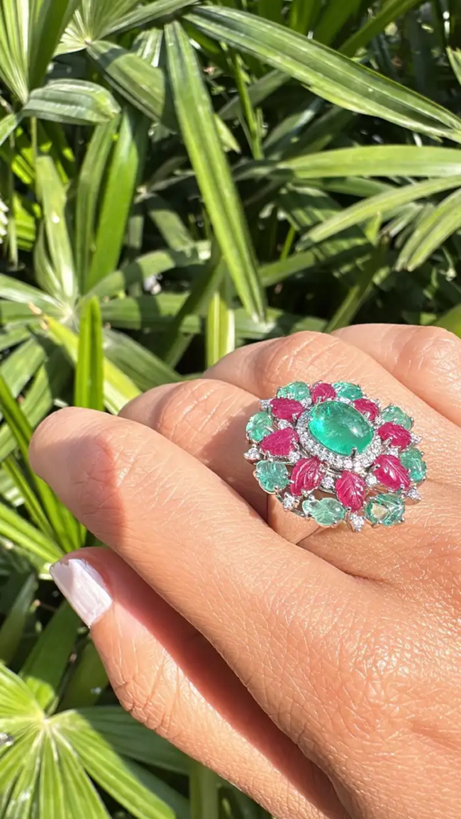 18k White Gold Carved Emerald & Ruby Gemstone Ring - Natural Colombian Emerald Cocktail Ring Main Image