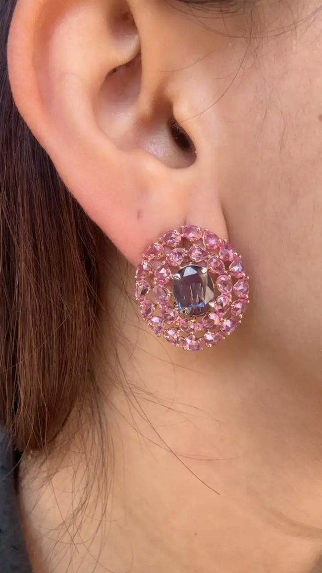 18k Rose Gold Stud Earrings - Natural Pink & Blue Sapphire Gemstone Stud Earrings Main Image
