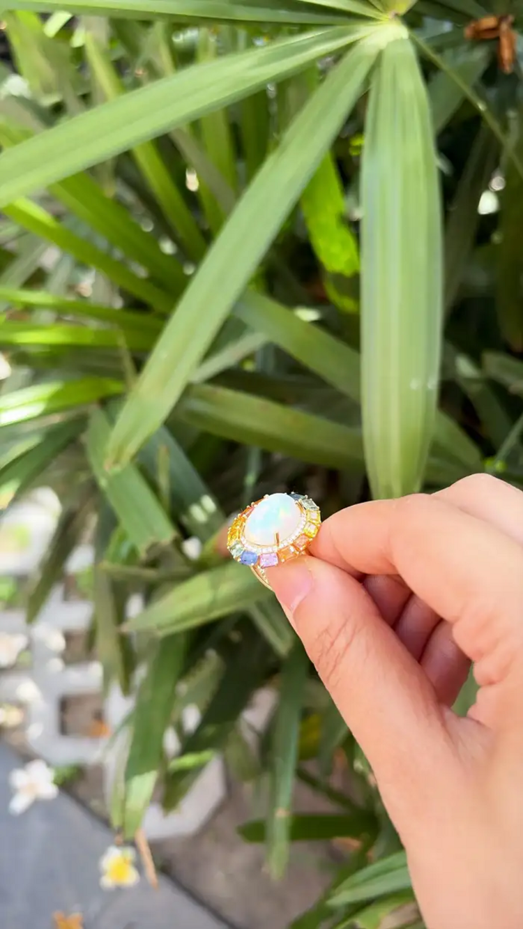 18k Yellow Gold Diamond Ring - Natural Multi Sapphire & Ethiopian Opal Wedding Ring