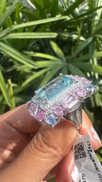 Natural Aquamarine & Multi Sapphire Gemstone Statement Ring - 18k White Gold Diamond Wedding Ring