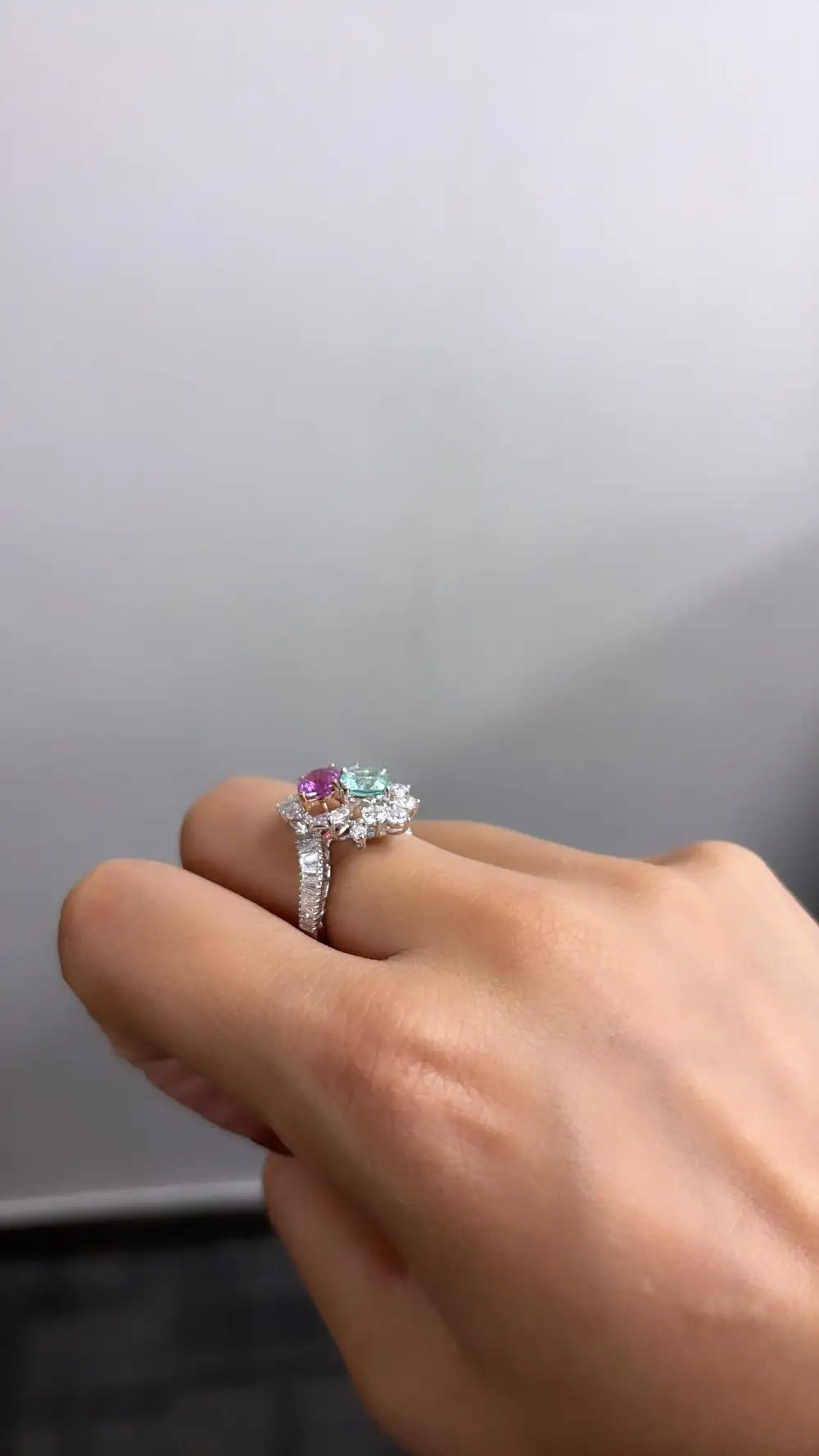 18k White Gold Diamond Toi et Moi Ring - Natural Pink Sapphire & Paraiba Tourmaline Cocktail Ring