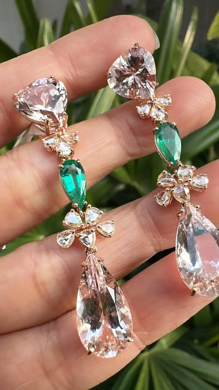 18k Rose Gold Rose Cut Diamond Dangle Earrings - Natural Zambian Emerald & Morganite Earrings