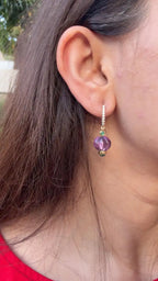 Natural Amethyst & Emerald Dangle Earrings - 18k Yellow Gold Diamond Earrings