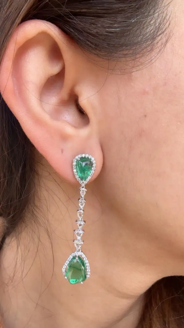 Natural Zambian Emerald & Rose Cut Diamond Dangle Earrings - 18k White Gold Handmade Drop Dangle Earrings