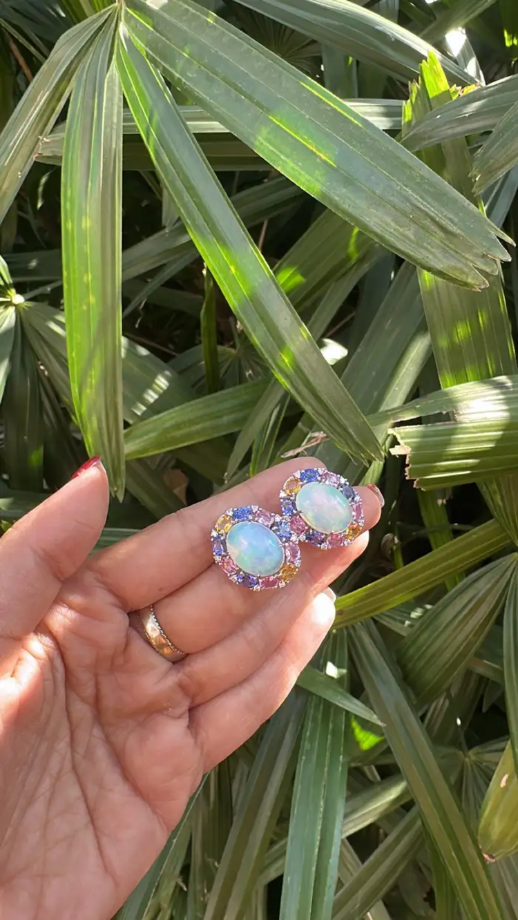 Ethiopian Opal, Tanzanite & Multi Sapphire Stud Earrings - 18k White Gold Diamond Earrings